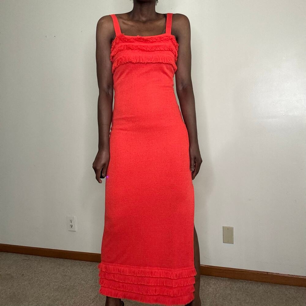 VINTAGE | 1970s Orange Sleeveless Fringe Knit Long Dress  XS/S